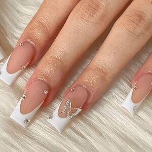 Beautiful Nails 24 Pc Long Length White silver butterfly Ballet press on Nails